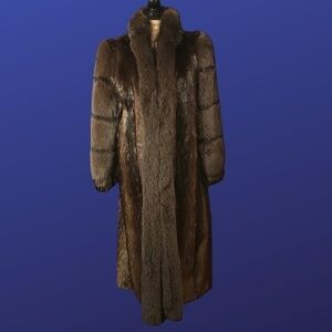 𝅺BEAVER FUR COAT w/FOX Tuxedo Collar/Sleeves, FULL LENGTH, Women’s XL